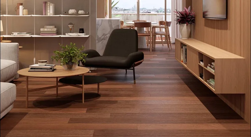 Piso de madeira Ipê aplicado em ambiente residencial